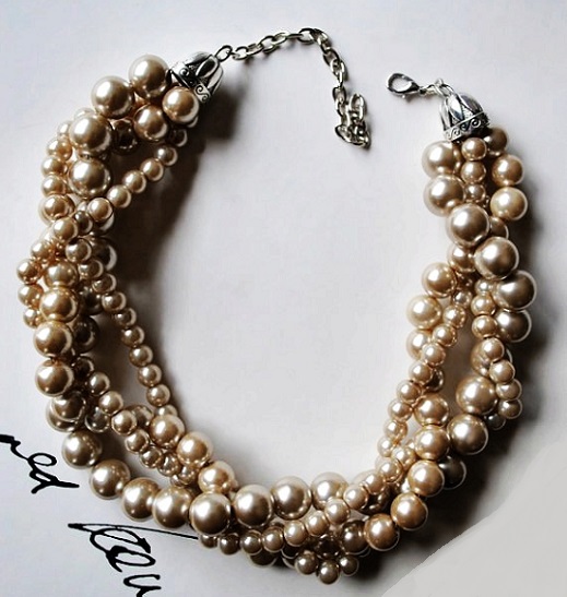 Swarovski Crystal Pearls Bronze and champagne chunky pearl-4 strand- twisted statement necklace