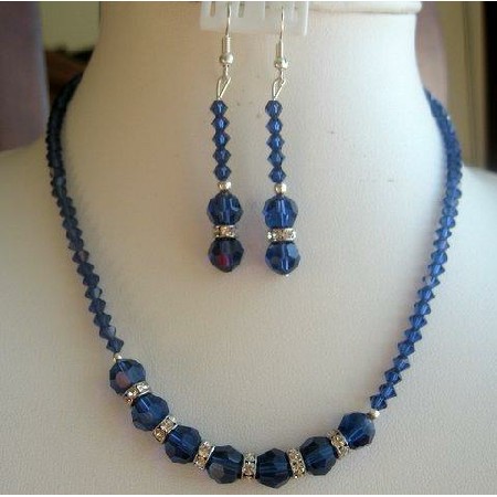 Swarovski Crystal Sapphire Necklace and earrings with Round and 5328 Xillion Bicone Beads